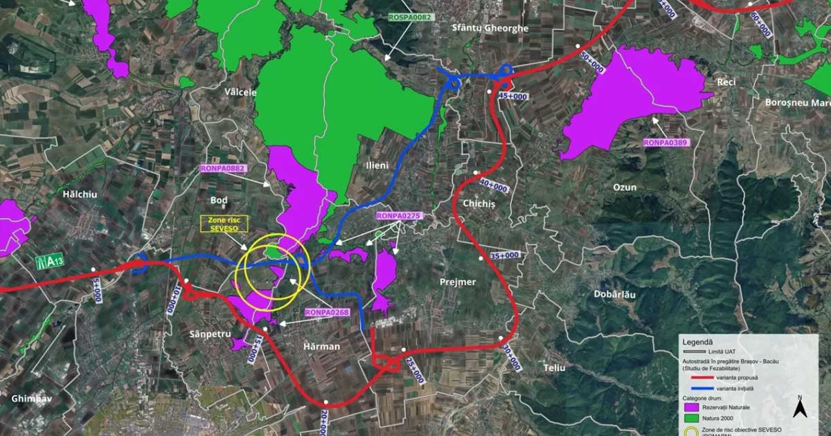 Hartă cu traseul actualizat al Autostrăzii A13 Brașov-Bacău, care face ocol în zona Hărman pentru evitarea poligonului Carfil, noiembrie 2025
