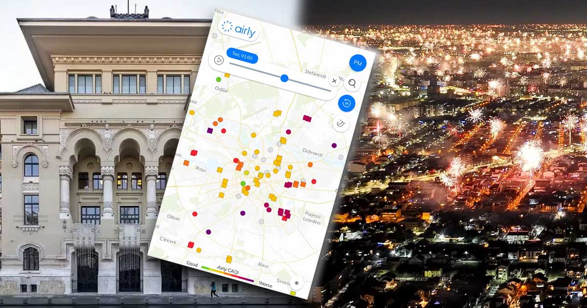 primaria capitalei taxata dur pe facebook de bucuresteni din cauza artificiilor 016325 Imagine aeriana cu artificii deasupra Bucurestiului in noaptea de Revelion 2026, cand nivelul poluarii a depasit de 16 ori limita recomandata de OMS