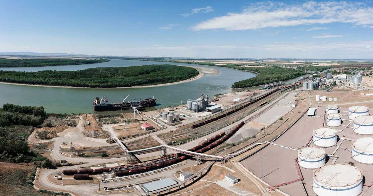 Vedere aeriană a Portului Internațional Giurgiulești din Republica Moldova la gurile Dunării, preluat de România prin Administrația Porturilor Maritime Constanța, 2026
