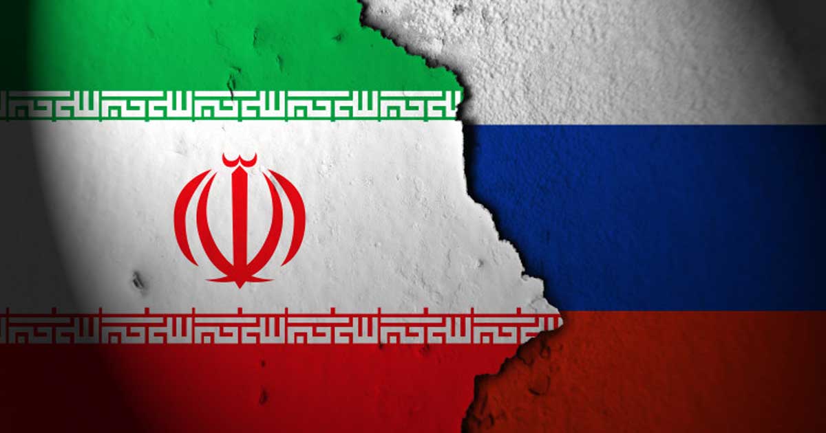Imagine simbolică reprezentând colaborarea militară între Rusia și Iran în contextul conflictului din Orientul Mijlociu, cu sateliți militari și ținte strategice americane, martie 2026