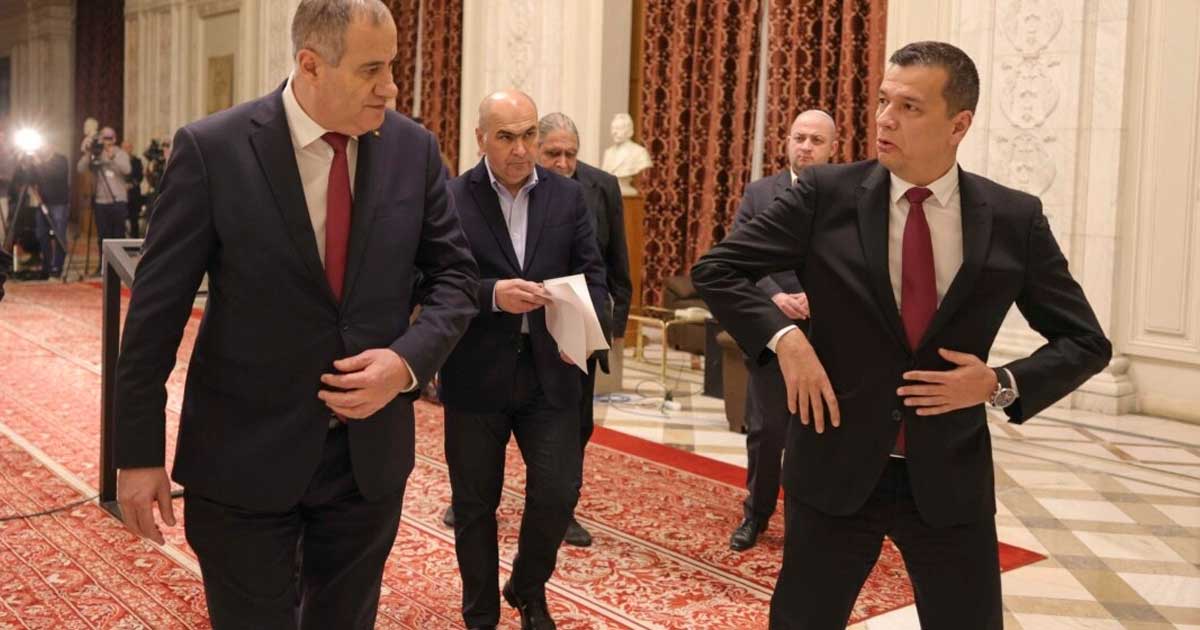 Sorin Grindeanu și Ilie Bolojan în ședință de guvern, Palatul Victoria, București, în contextul tensiunilor din coaliția de guvernare, martie 2026