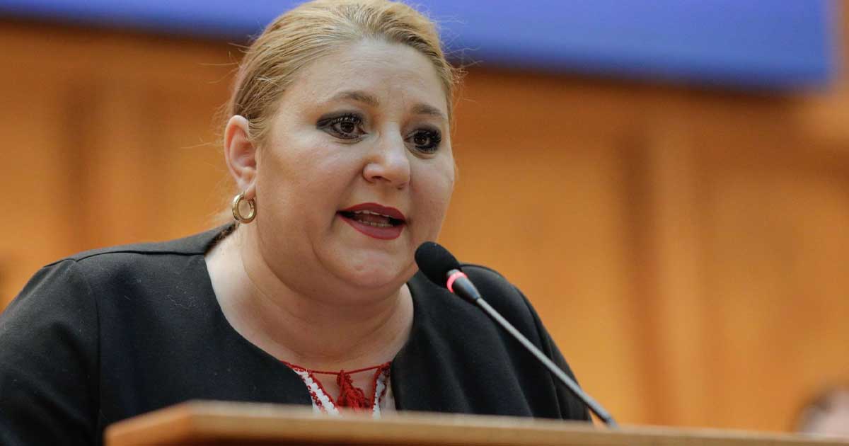 Diana Șoșoacă, liderul SOS România, la declarații în Parlamentul României înainte de votul moțiunii de cenzură împotriva Guvernului Bolojan, 5 mai 2026