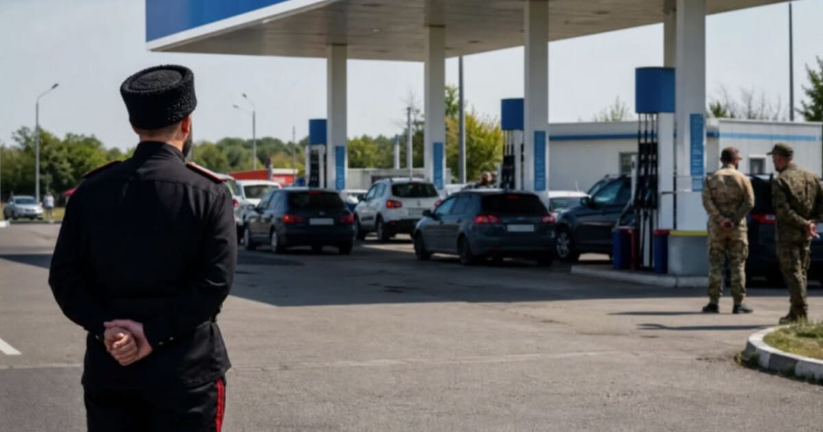 Cazaci ruși patrulează la o benzinărie aglomerată din Anapa în timpul crizei combustibilului, iulie 2026