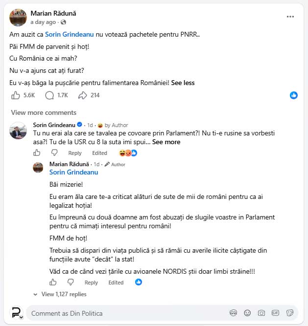 Sorin Grindeanu replica pe facebook Raduna, iulie 2026