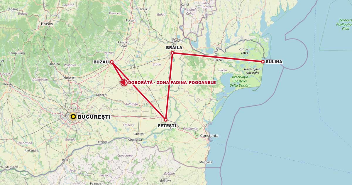 Harta traseului unei drone de tip Shahed doborate de un avion F-16 deasupra sud-estului Romaniei, iulie 2026