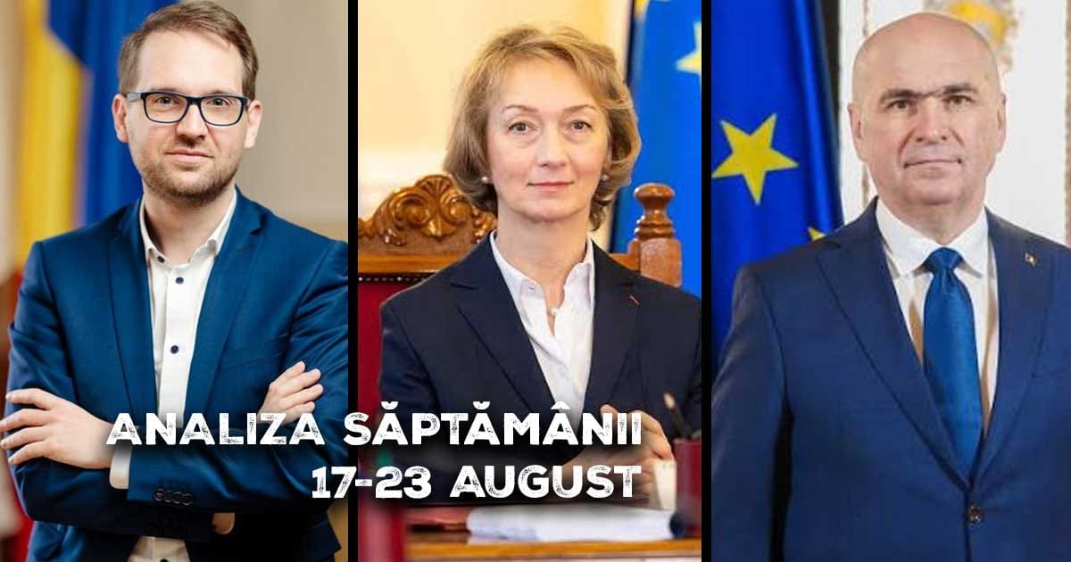 Colaj cu Dominic Fritz, Simina Tănăsescu și Ilie Bolojan, simbolizând criza politică și instituțională din România, august 2026