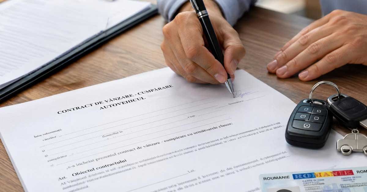 Formular tipizat de contract vânzare-cumpărare auto completat pe un birou, alături de acte ale mașinii, august 2026