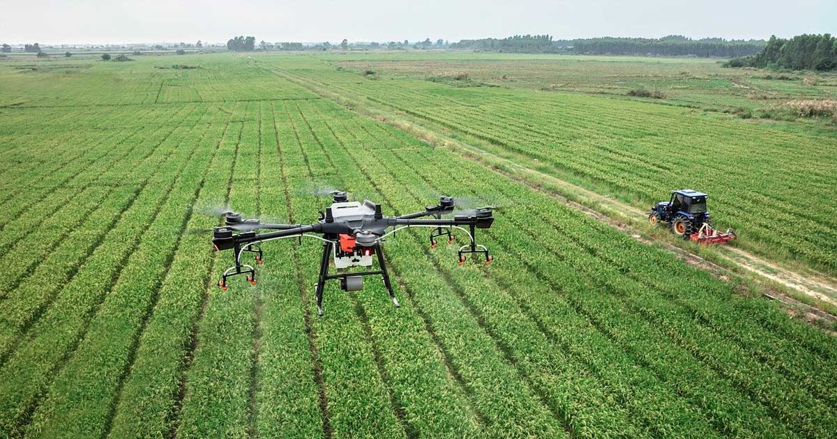 Dronă agricolă pulverizând pesticide deasupra unui câmp cultivat, reformă europeană, august 2026