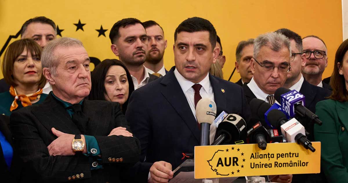 George Simion la o conferință de presă a AUR, în contextul tensiunilor interne de partid, septembrie 2026