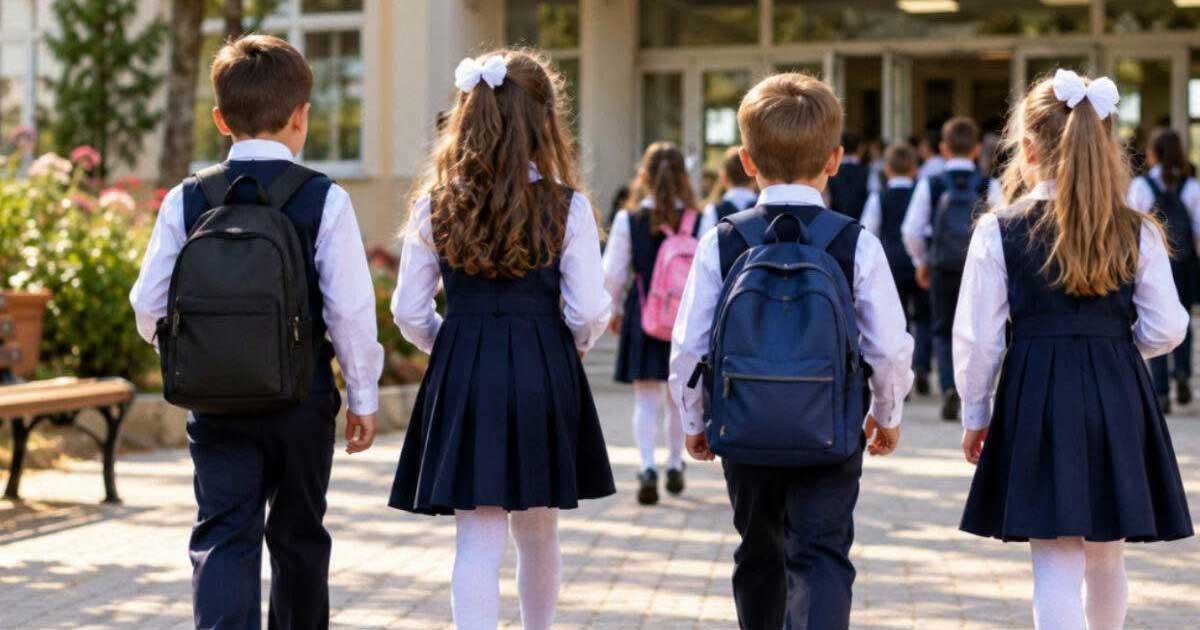 Elevi în uniformă școlară la intrarea într-o școală din România, septembrie 2026